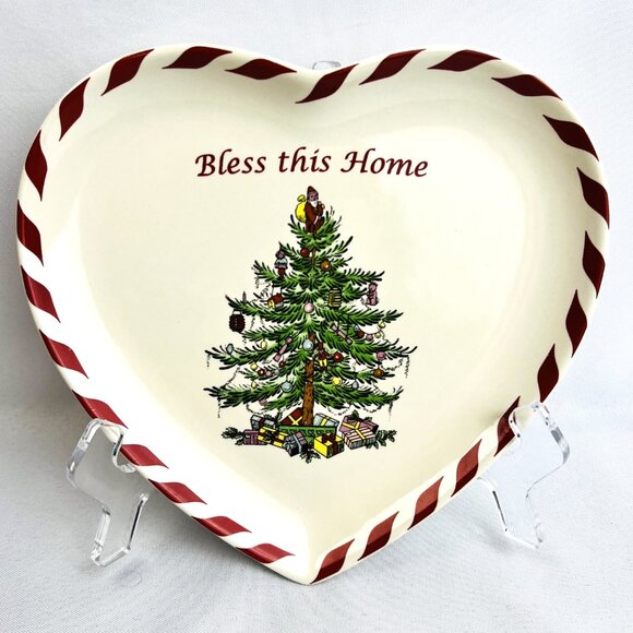 Spode Christmas Tree Heart Shaped Dish Bless this Home Peppermint Stripe 7 3/4" - Picture 2 of 7